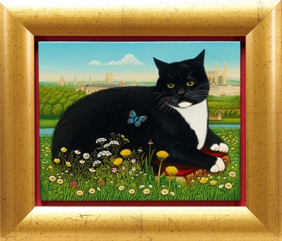 Lot 1428 - * Frances Broomfield (b. 1951) oil on panel - 'Thomas Gray Philosopher Cat of Cambridge, 1995, monogrammed, 20cm x 25cm, artists label verso, framed