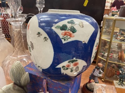 Lot 594 - Chinese ceramic celadon dog of foo, Chinese small doll with embroidered clothes, Chinese small teapot, a cloisonné small vase, two dishes and other oriental items.