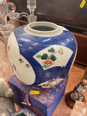 Lot 594 - Chinese ceramic celadon dog of foo, Chinese small doll with embroidered clothes, Chinese small teapot, a cloisonné small vase, two dishes and other oriental items.