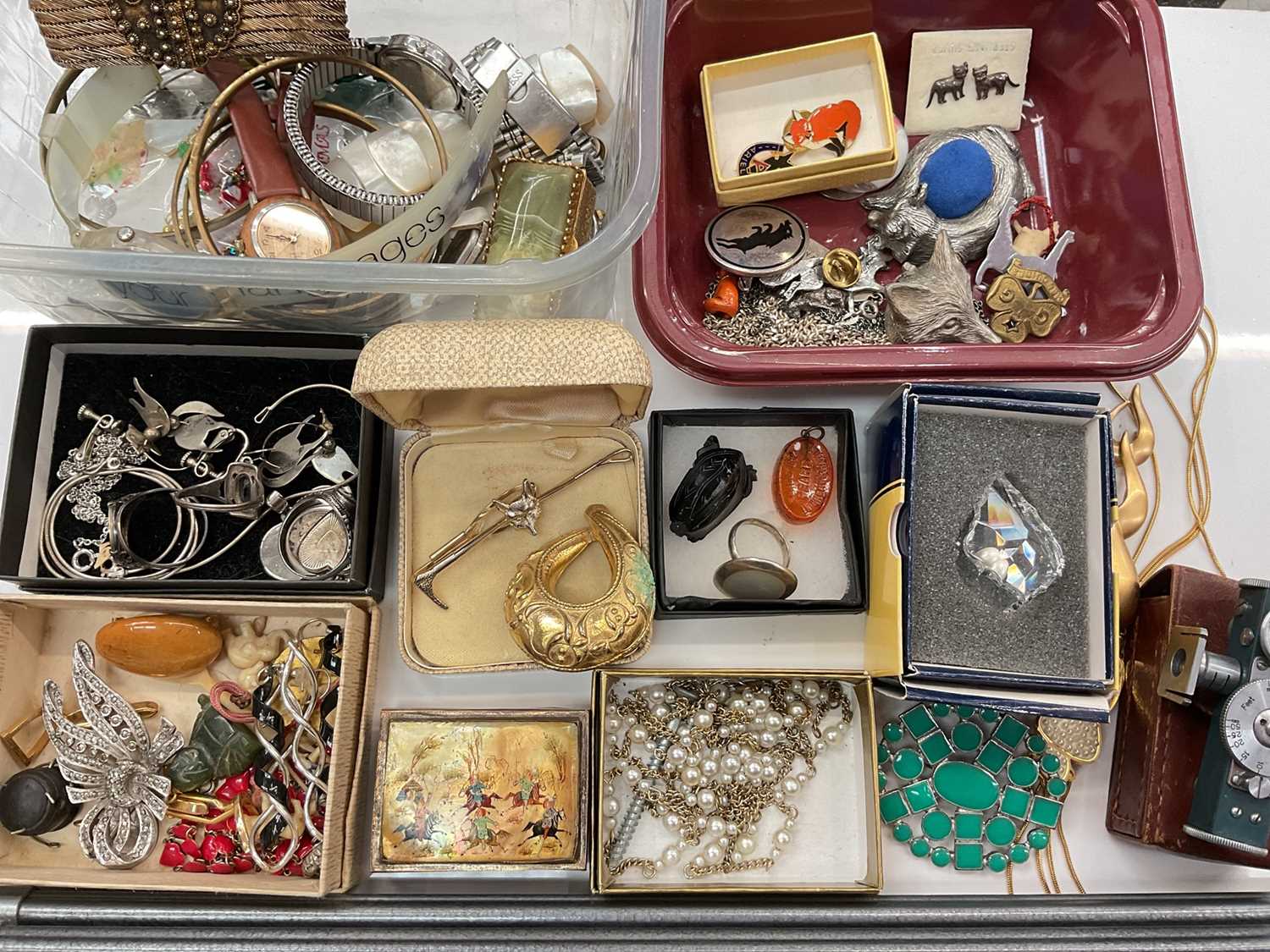 Lot 1073 - Group of vintage costume jewellery, silver jewellery, wristwatches and sundries including a Rocket range finder in leather case and Bilora Stabilo 1114 camera tripod stand