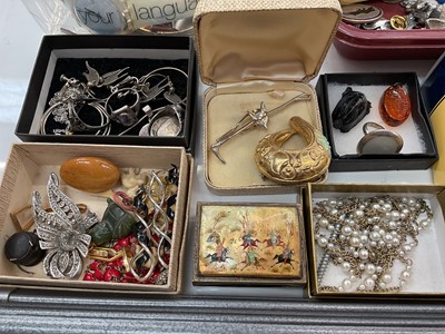 Lot 1073 - Group of vintage costume jewellery, silver jewellery, wristwatches and sundries including a Rocket range finder in leather case and Bilora Stabilo 1114 camera tripod stand