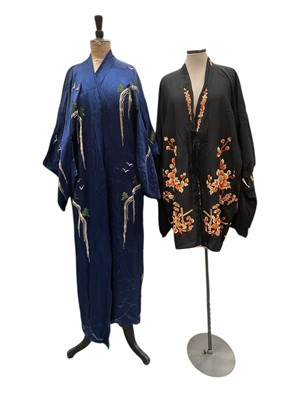 Lot 2060 - Embroidered Japanese Kimono , midnight blue silk embroidered with deer in garden scenes. Sold with a Chinese silk reversible short robe embroidered