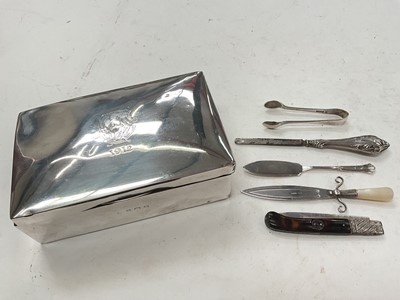 Lot 1133 - Silver cigarette box containing a silver and tortoiseshell fruit knife, silver and mother of pearl sword bookmark and other silver items