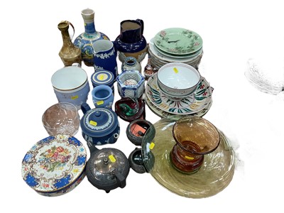 Lot 544 - Group of assorted Art glass ware, pottery and other ceramics including Wedgwood, French cabinet plates, Satsuma vases and other items, (qty).