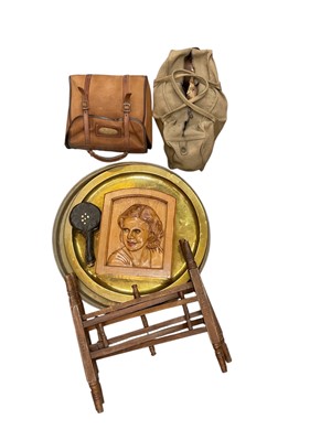 Lot 557 - 1940s carved wooden plaque 'Jean Harlow', together with an African wooden powder flask, bowling woods and a Benares table, (qty).