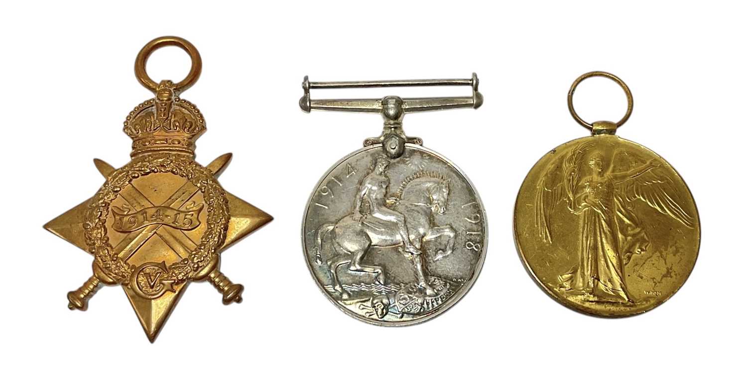 Lot 35 - First World War 1914 - 15 Star trio comprising 1914 - 15 Star named to Lieut. G. Birkett. L. Pool. R., War and Victory medals named to Capt. G. Birkett.