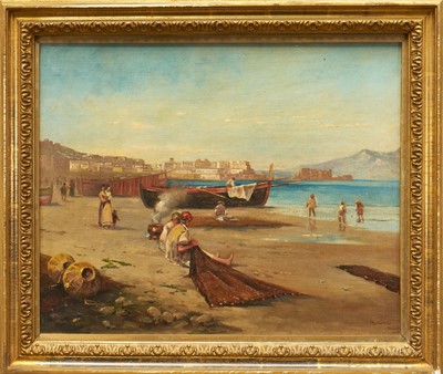 Lot 1289 - 19th century Naples School, oil on canvas - Naples Harbour, indistinctly signed, inscribed, 40.5cm x 51cm, in glazed gilt frame