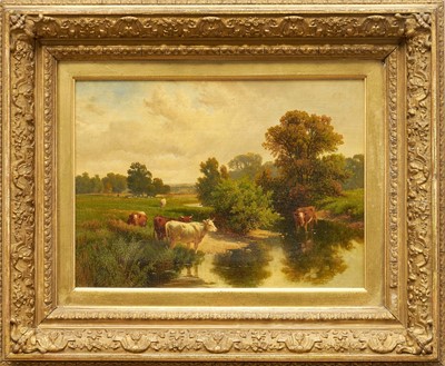 Lot 1290 - Attributed to Charles Collins (1851-1921) oil on canvas - Cattle Watering, 27cm x 37cm, in glazed gilt frame