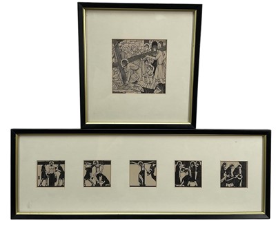 Lot 102 - Eric Gill woodcut prints - Stations of The Cross, the first 11cm x 11cm together with five small Stations each 5.5cm x 5.5cm, framed together (18cm x 53cm overall) (2)
