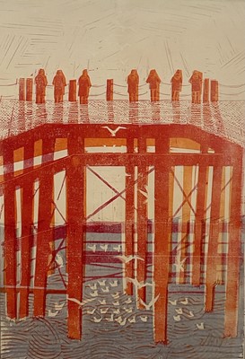 Lot 138 - Robert Tavener (1920-2004) linoprint - Pier, 71cm x 48cm, in glazed frame