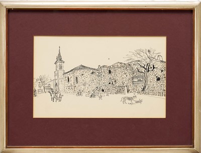 Lot 1425 - *Anthony Gross (1905-1984) ink sketch - Continental village cross, signed, 26cm x 41cm, glazed frame