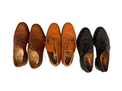 Lot 2078 - Three pairs of mens vintage shoes including Trickers Corniche tan leather size 8 and Trickers black broques size 8 plus White Brothers tan broques size 8, all pre-owned. Pair of wooden shoe tree...