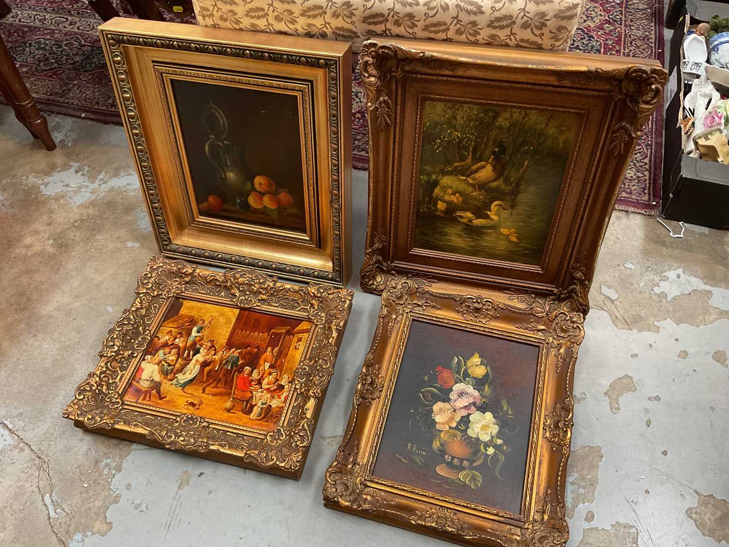 Lot 55 - Group of four gilt framed pictures, including oils