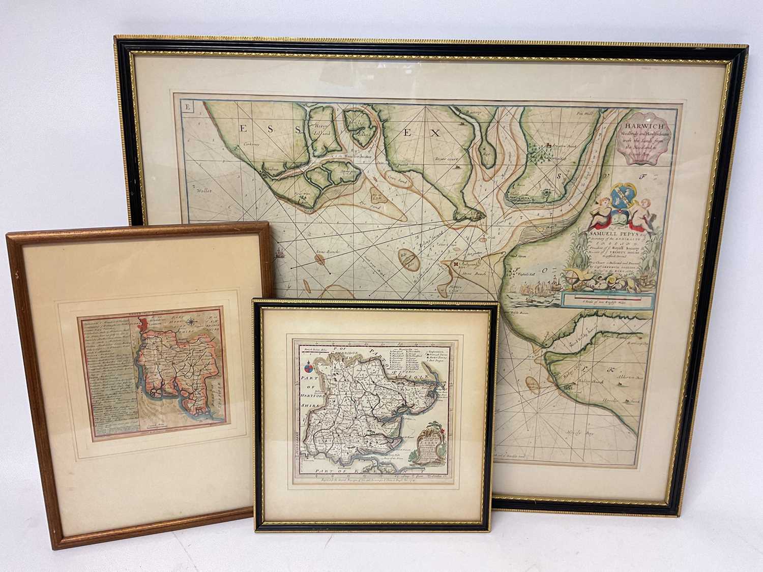 Lot 952 - Captain Greenville Collins - 18th century hand painted map - Harwich, and two others