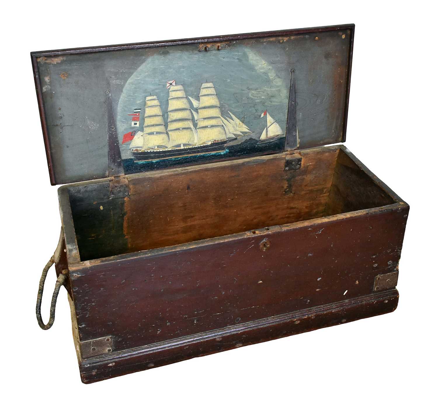 Lot 1366 - 19th century seaman's chest with rope handles and painted ship decoration to interior of lid