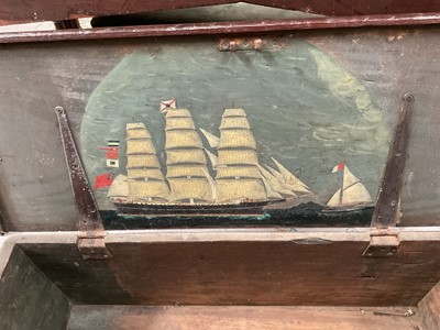 Lot 1366 - 19th century seaman's chest with rope handles and painted ship decoration to interior of lid