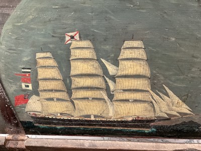 Lot 1366 - 19th century seaman's chest with rope handles and painted ship decoration to interior of lid