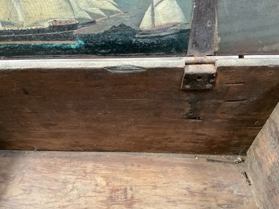 Lot 1366 - 19th century seaman's chest with rope handles and painted ship decoration to interior of lid