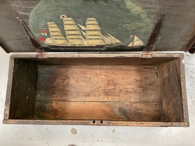Lot 1366 - 19th century seaman's chest with rope handles and painted ship decoration to interior of lid