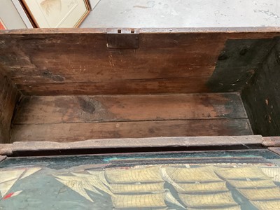 Lot 1366 - 19th century seaman's chest with rope handles and painted ship decoration to interior of lid