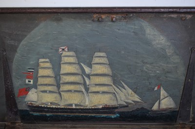 Lot 1366 - 19th century seaman's chest with rope handles and painted ship decoration to interior of lid