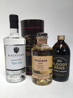 Lot 99 - Four bottles, Cardenal Mendoza Brandy de Jerez, in tin, Blackdown limited edition Tea Gin, Bloody Bens coffee liqueur and Nouaison Gin
