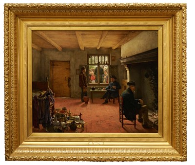 Lot 1335 - Joseph Van Snick (1860-1945) oil on panel - The Forced Sale, signed and dated '85, further signed and dated verso, 59cm x 73cm, in good gilt frame