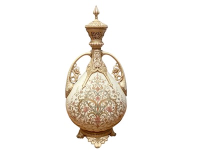 Lot 939 - Large Royal Worcester blush ivory twin handled vase and cover, decorated with foliate patterns, 40.5cm high