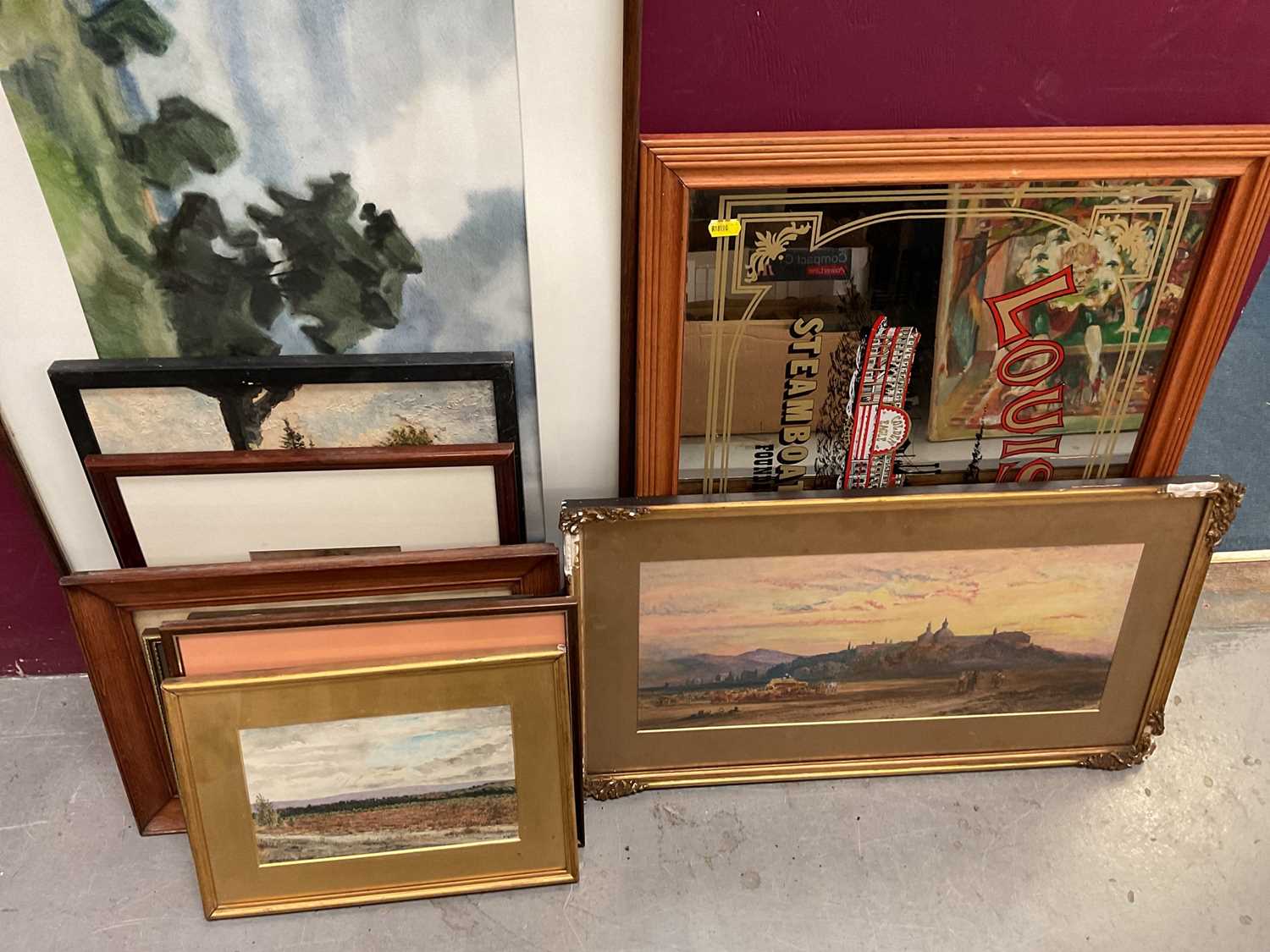 Lot 364 - After William Callow watercolour study, signed L.W. Newman, 1929, in glazed gilt frame, other watercolour landscapes, prints and a Louisiana Steamboat Company printed mirror