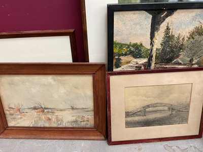 Lot 364 - After William Callow watercolour study, signed L.W. Newman, 1929, in glazed gilt frame, other watercolour landscapes, prints and a Louisiana Steamboat Company printed mirror