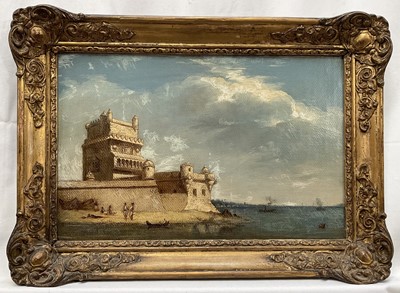 Lot 1337 - Portuguese School, 19th century, oil on canvas - 'Torres de Belem, River Tagus, near Lisbon', 24cm x 37cm, in gilt frame'