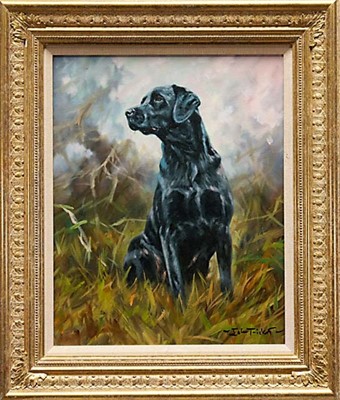 Lot 972 - *John Trickett (b.1952) oil on canvas - A Black Labrador, signed, 51cm x 40.5cm, in gilt frame