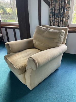 Lot 1599 - Pair of country house style deep upholstered armchairs...