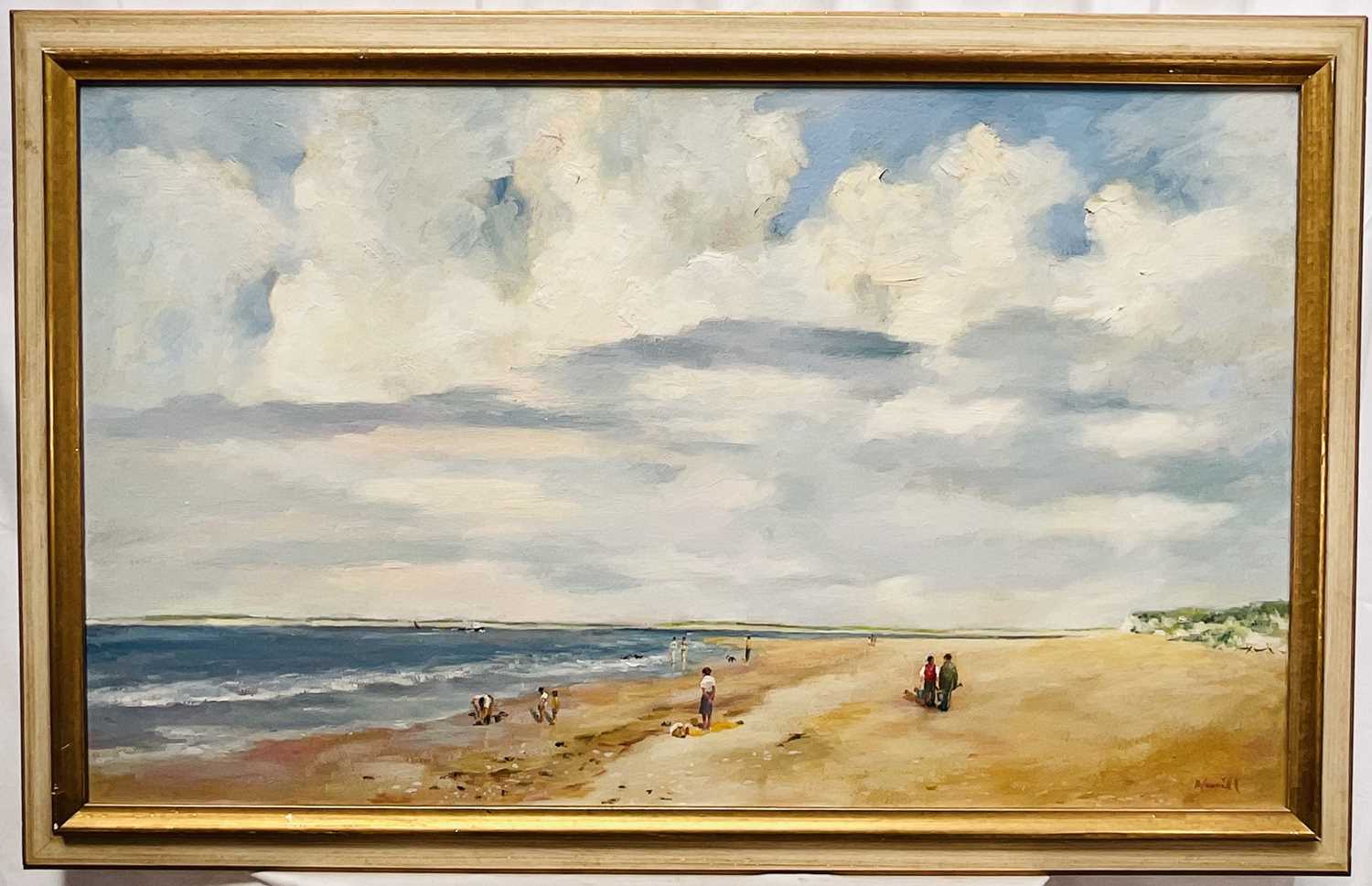 Lot 92 - Nevill (20th Century) oil on board - figures on a Norfolk beach, signed, 54cm x 91cm, framed
