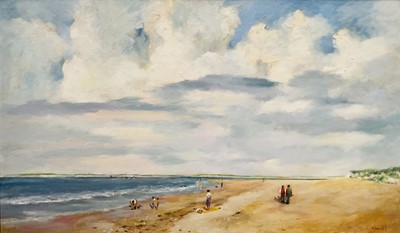 Lot 92 - Nevill (20th Century) oil on board - figures on a Norfolk beach, signed, 54cm x 91cm, framed