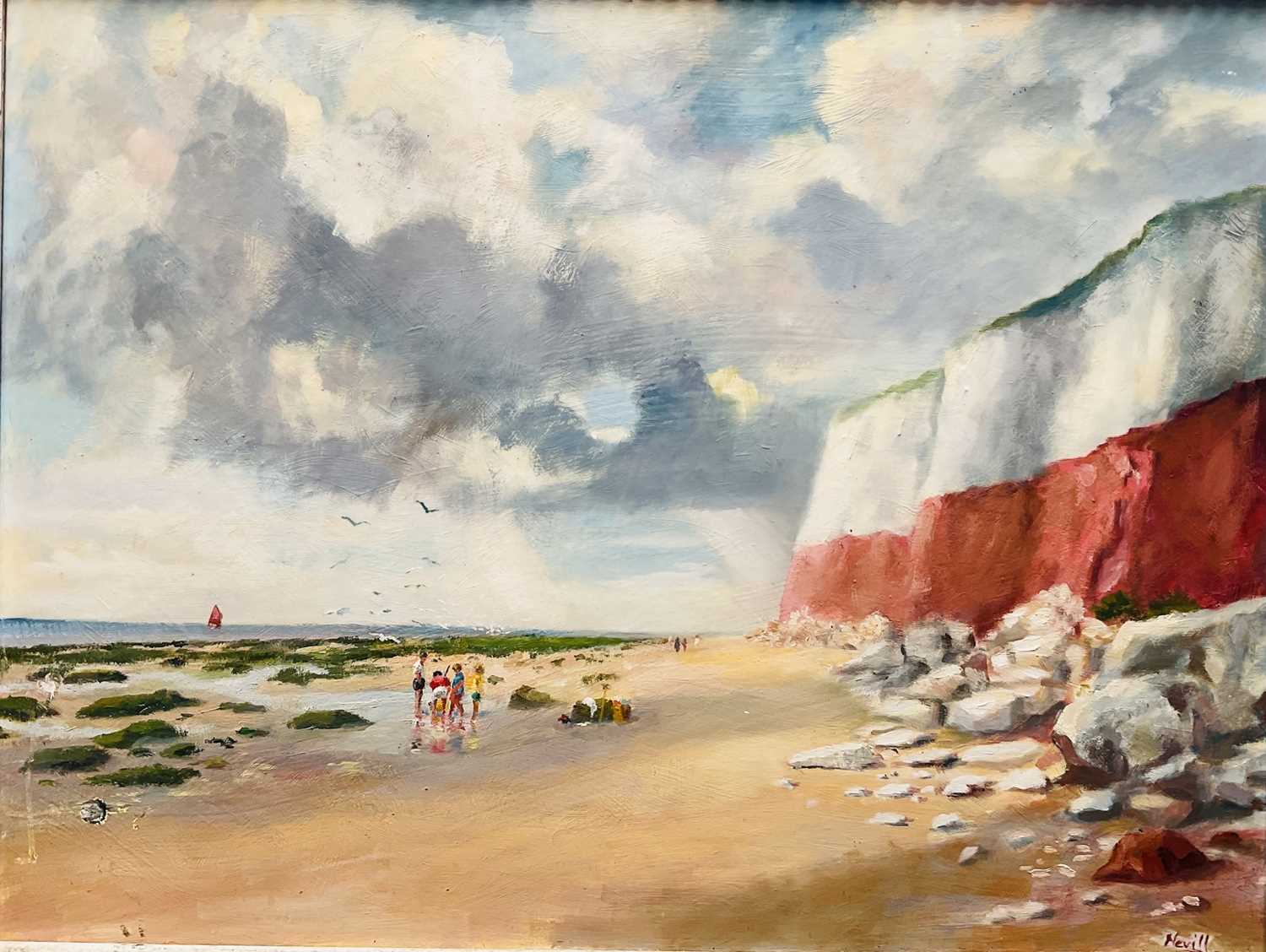 Lot 91 - Nevill (20th Century) oil on board - Rock-pooling at Hunstanton, Norfolk, signed, 44cm x 59cm, framed