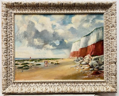 Lot 91 - Nevill (20th Century) oil on board - Rock-pooling at Hunstanton, Norfolk, signed, 44cm x 59cm, framed