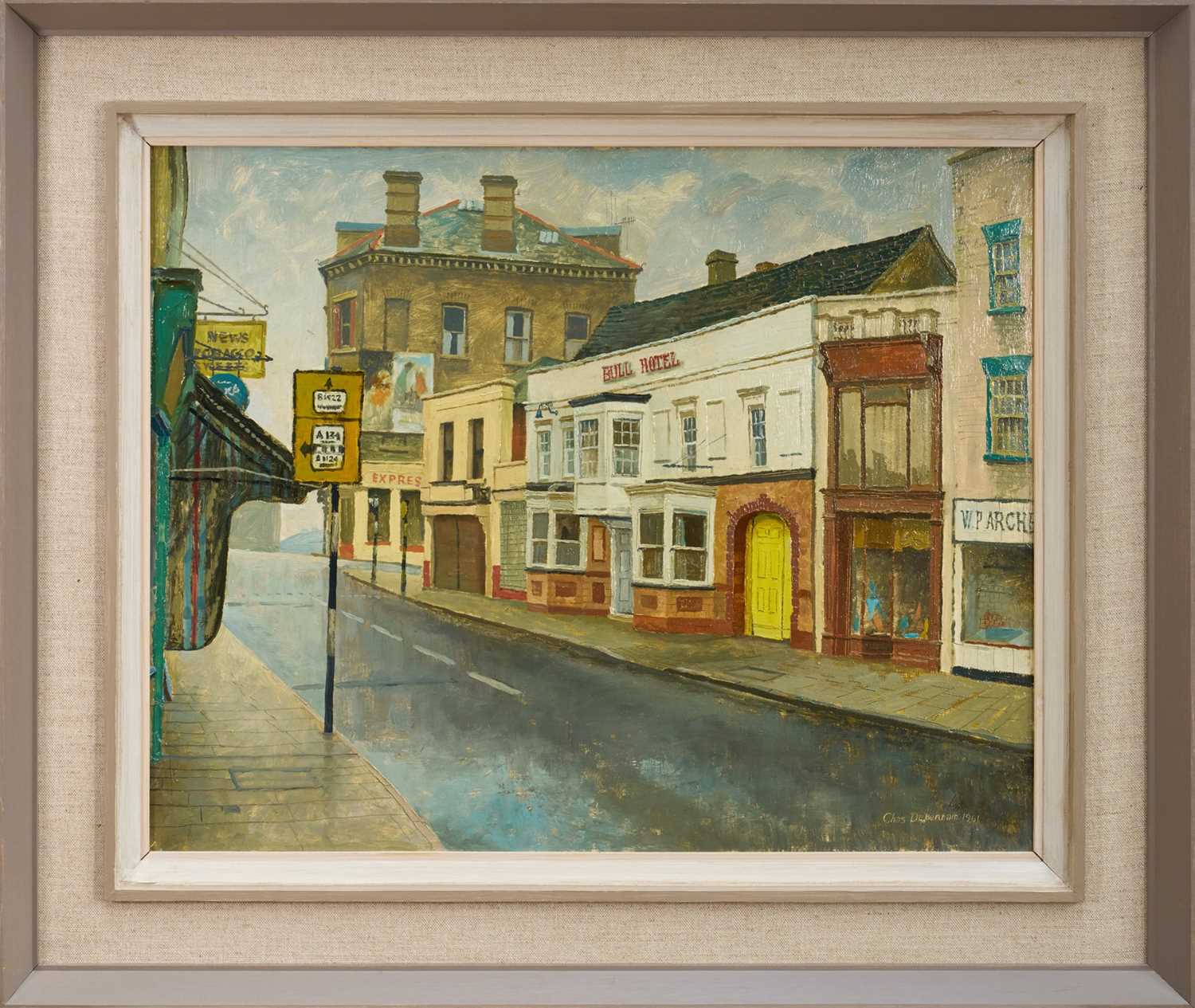 Lot 1134 - *Charles Debenham (b.1933) oil on board - The Bull Hotel, Colchester, 1961, 40cm x 50cm, framed
