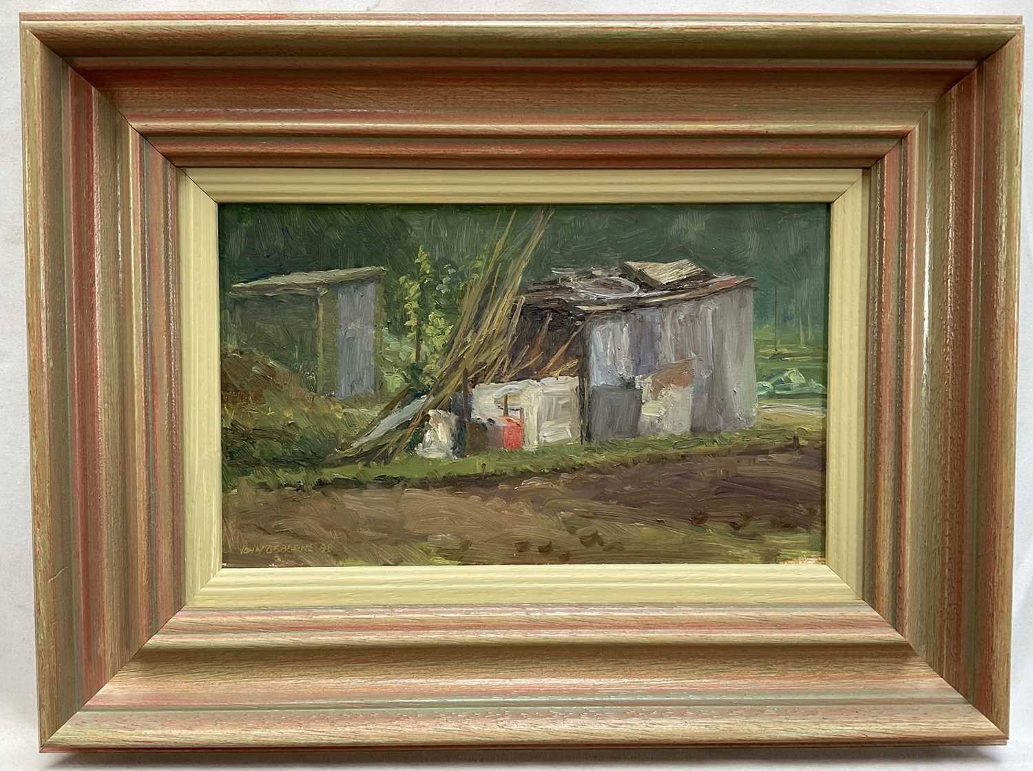 Lot 10 - John Osborne (b. 1939) oil on board - Allotment, signed, 14.5cm x 24.5cm, framed