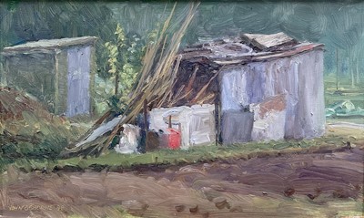 Lot 10 - John Osborne (b. 1939) oil on board - Allotment, signed, 14.5cm x 24.5cm, framed