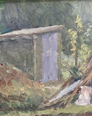 Lot 10 - John Osborne (b. 1939) oil on board - Allotment, signed, 14.5cm x 24.5cm, framed