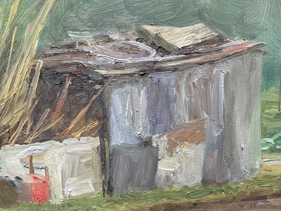 Lot 10 - John Osborne (b. 1939) oil on board - Allotment, signed, 14.5cm x 24.5cm, framed