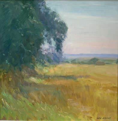 Lot 5 - John Osborne (b. 1939) oil on board - Landscape at field edge, signed, 29.5cm x 29.5cm, framed