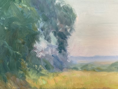 Lot 5 - John Osborne (b. 1939) oil on board - Landscape at field edge, signed, 29.5cm x 29.5cm, framed