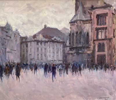 Lot 8 - John Osborne (b. 1939) oil on board - Continental city, signed, 29.5cm x 35cm, framed