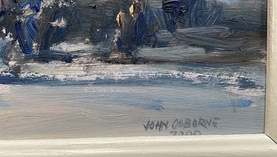 Lot 12 - John Osborne (b. 1939) oil on board - Figures and statues, signed, 14 x 24cm, glazed and framed
