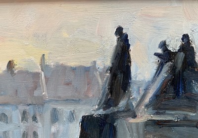 Lot 12 - John Osborne (b. 1939) oil on board - Figures and statues, signed, 14 x 24cm, glazed and framed