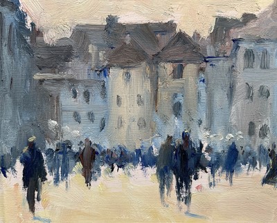 Lot 12 - John Osborne (b. 1939) oil on board - Figures and statues, signed, 14 x 24cm, glazed and framed
