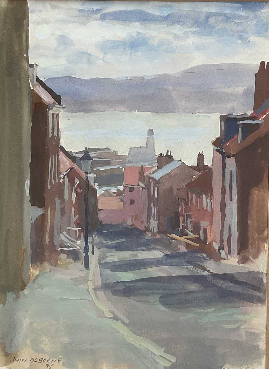 Lot 11 - John Osborne (b. 1939) gouache on paper - Street view, signed, 18cm x 13cm, glazed and framed