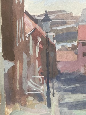 Lot 11 - John Osborne (b. 1939) gouache on paper - Street view, signed, 18cm x 13cm, glazed and framed